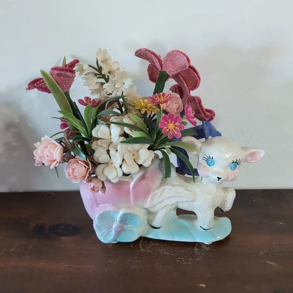 Charming Pastel Lamb Planter with Flowers Cottagecore Vintage Blue Pink Decor